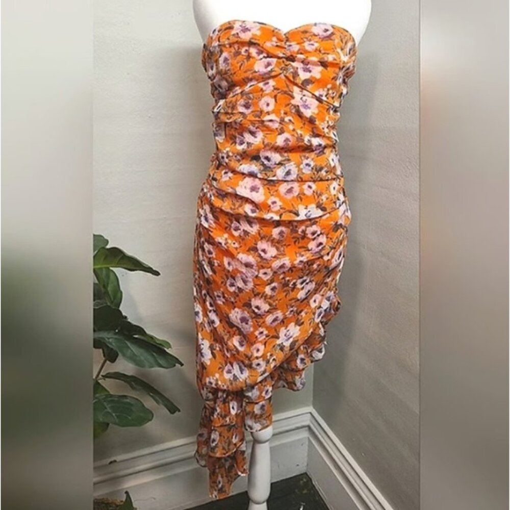NWT Emory Park Orange Floral Asymmetrical Ruched Strapless Chiffon Dress Sz M